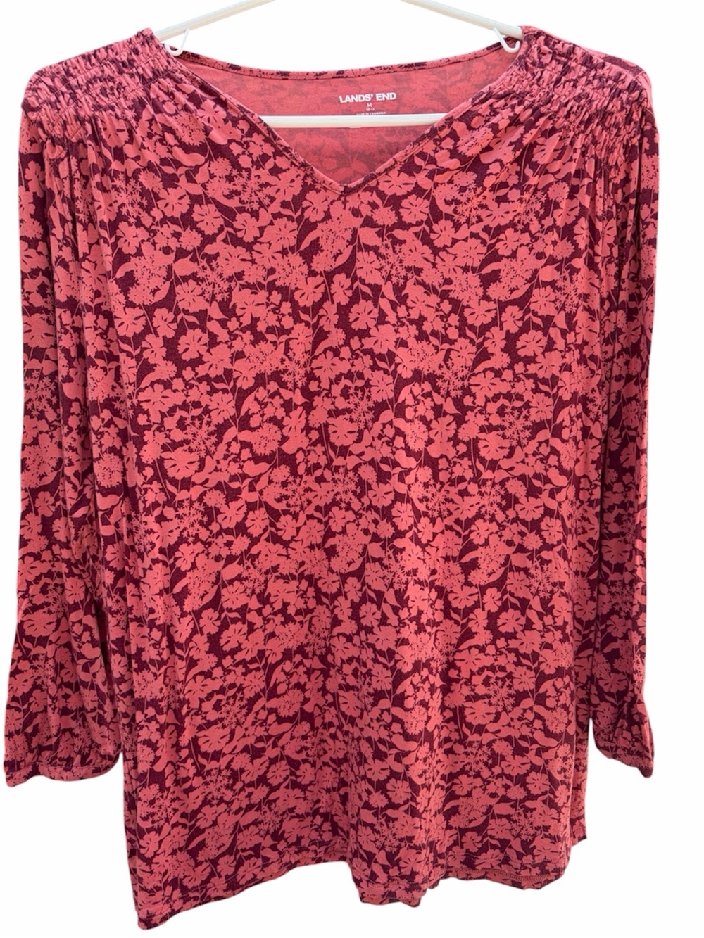 Lands' End Women's Pink Floral V-Neck Long Sleeve Top